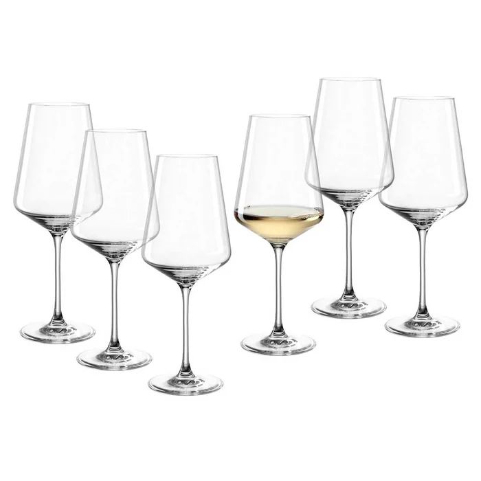 Six clear LEONARDO PUCCINI wine glasses, one with white wine
